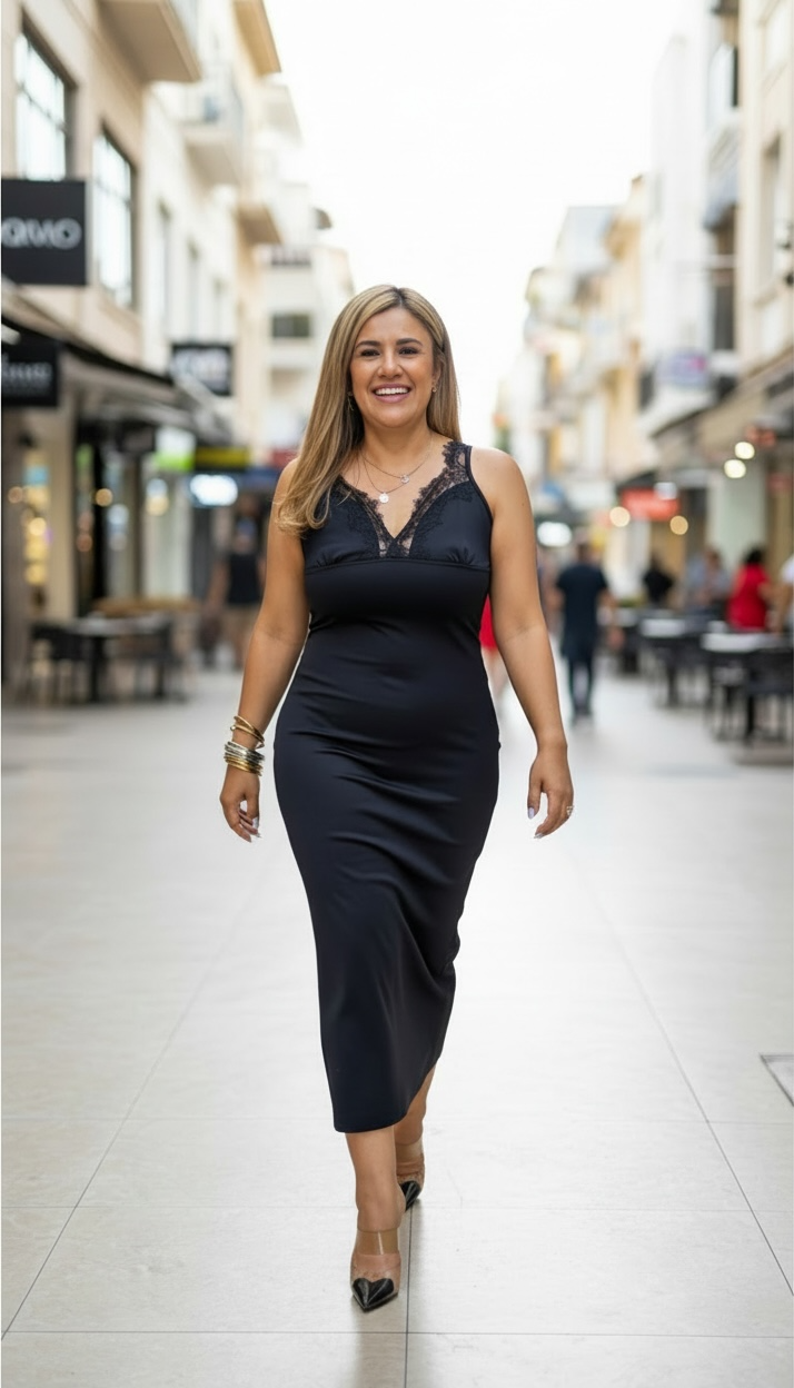 Vestido Negro Satinado de Tirantes Lenceros